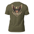 Heather olive tee with back print featuring a bald eagle holding a patriotic shield and a banner that reads Born Free