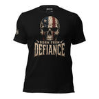 Born from Defiance skull American flag front print black tee from Infidel Collective