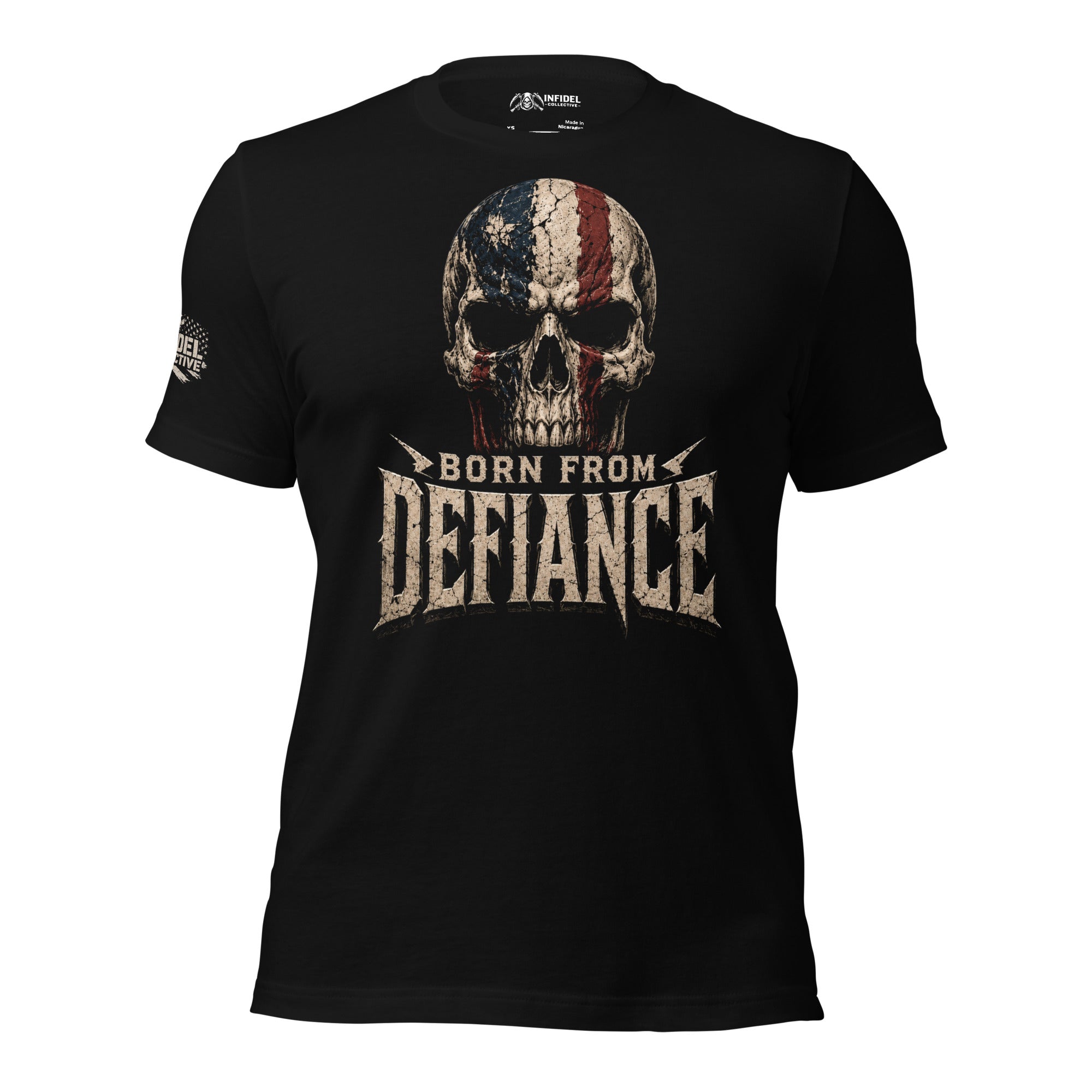 Born from Defiance skull American flag front print black tee from Infidel Collective