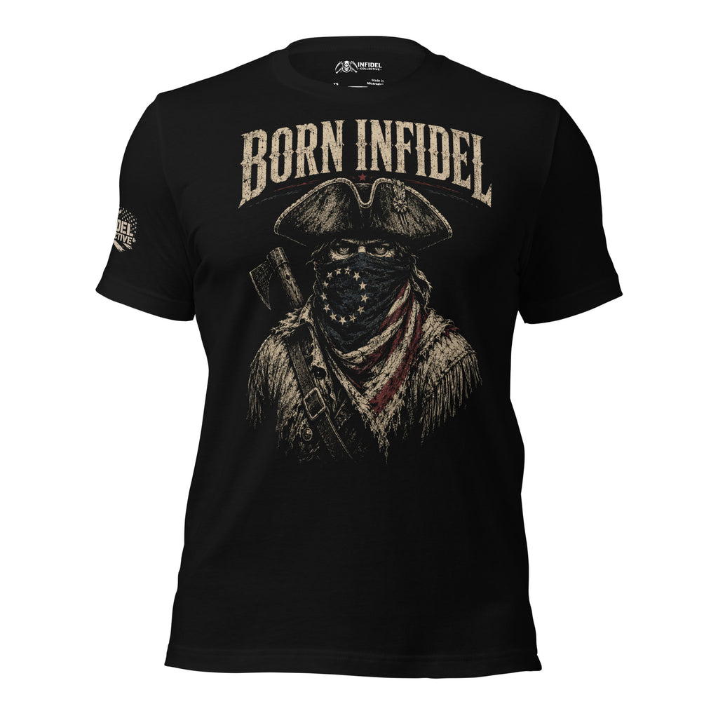 Born Infidel patriot raider front graphic black tee from Infidel Collective