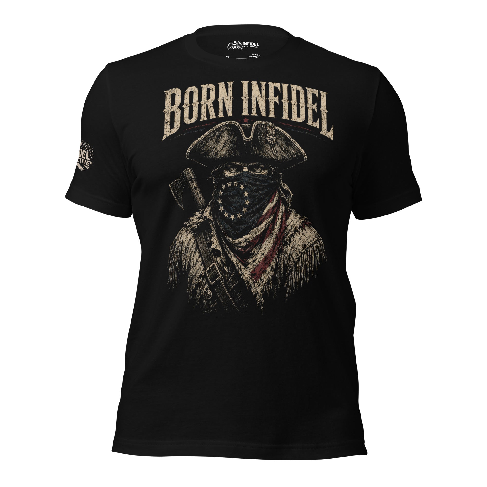 Born Infidel patriot raider front graphic black tee from Infidel Collective