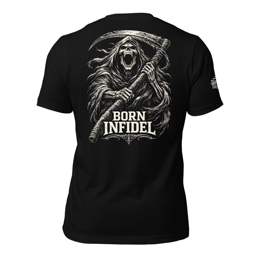 Black tee with Born Infidel back print featuring grim reaper holding a scythe