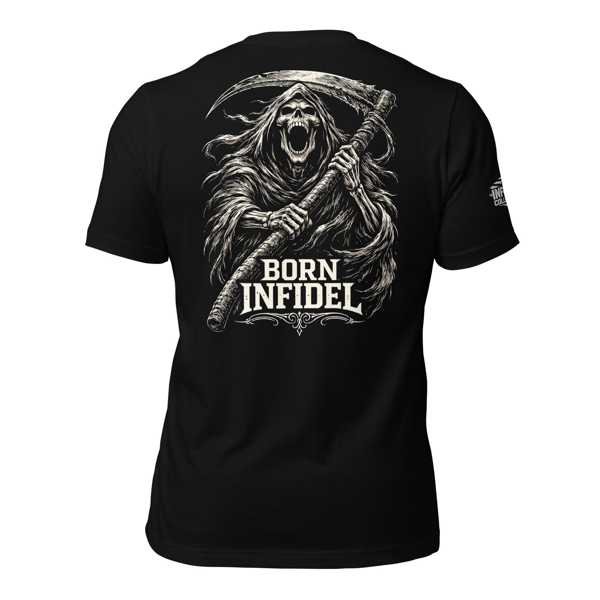 Black tee with Born Infidel back print featuring grim reaper holding a scythe