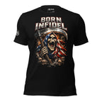 Born Infidel reaper graphic front print black tee with American flag hooded skull and scythe