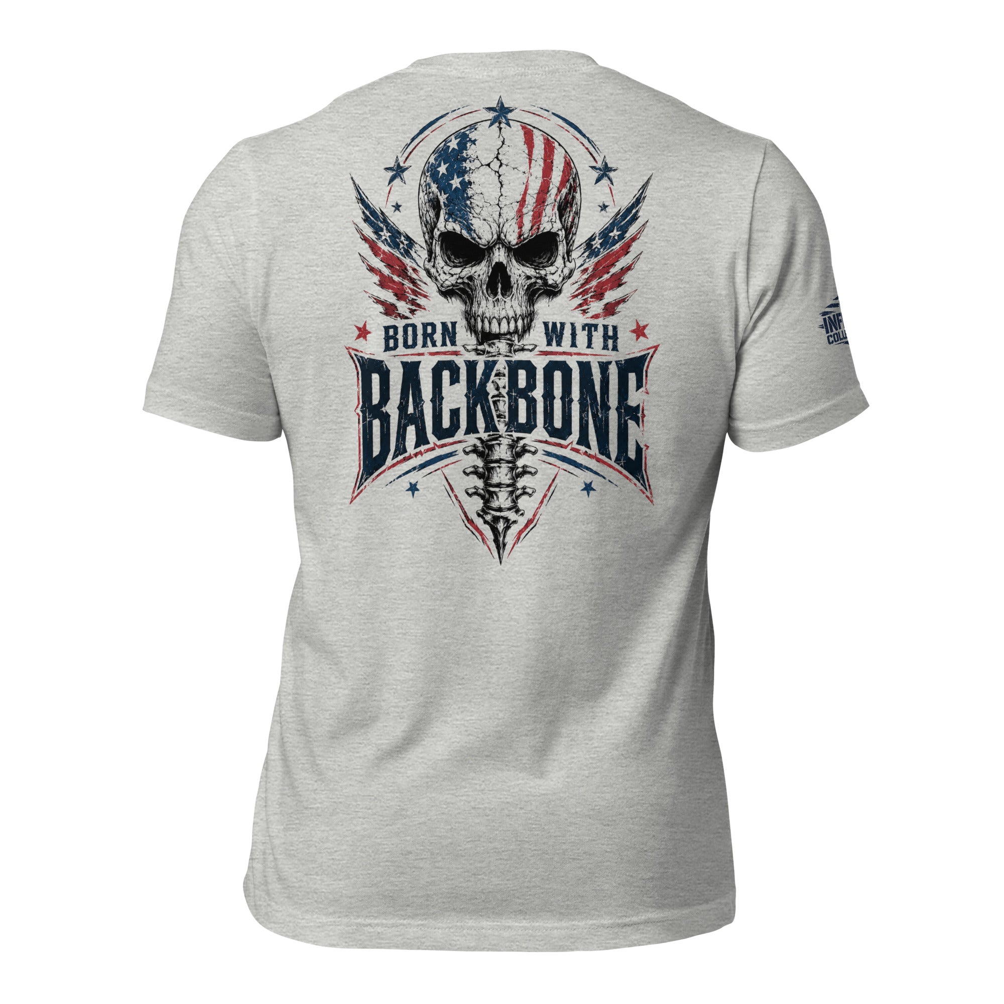 Athletic heather tee with back print featuring an American flag skull, spine graphic, patriotic stars, and the text Born With Backbone