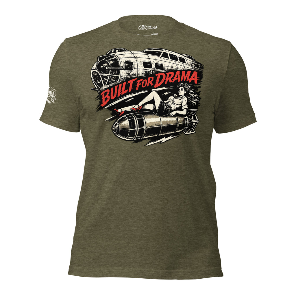 Olive drab t-shirt featuring vintage bomber aircraft artwork, a pinup riding a falling bomb, and Built for Drama text