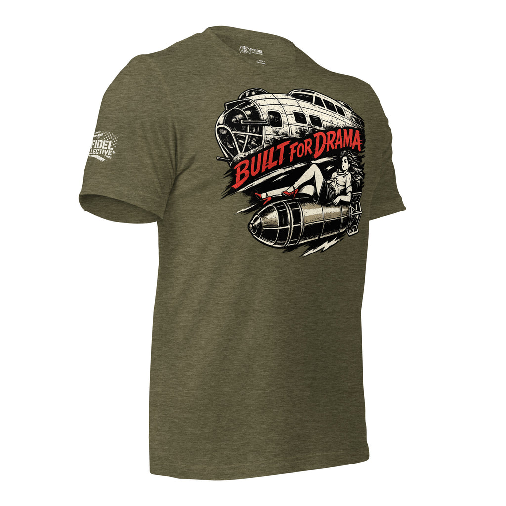 Olive drab t-shirt featuring vintage bomber aircraft artwork, a pinup riding a falling bomb, and Built for Drama text