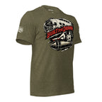 Olive drab t-shirt featuring vintage bomber aircraft artwork, a pinup riding a falling bomb, and Built for Drama text