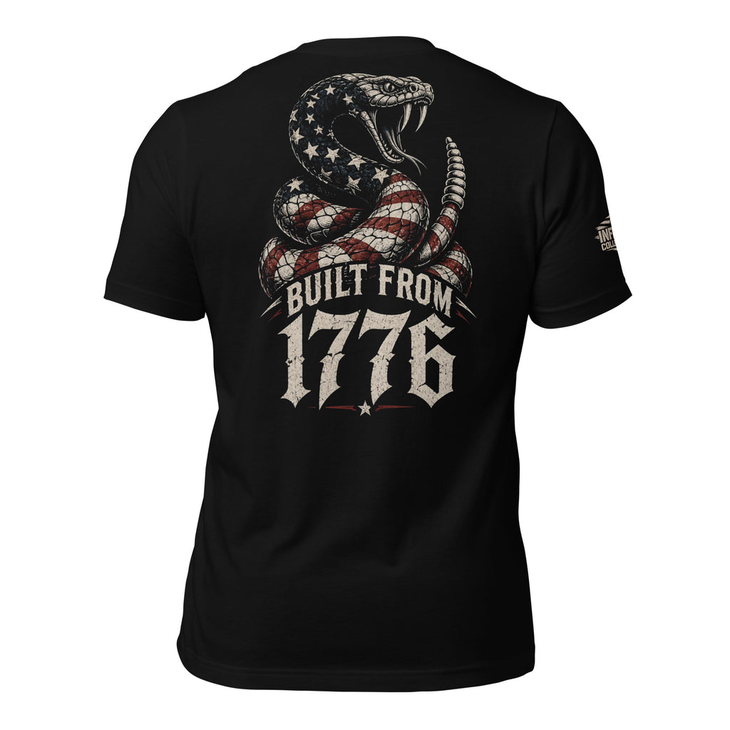 Black tee with back print featuring a patriotic rattlesnake with American flag pattern and the text Built From 1776