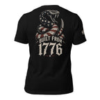 Black tee with back print featuring a patriotic rattlesnake with American flag pattern and the text Built From 1776
