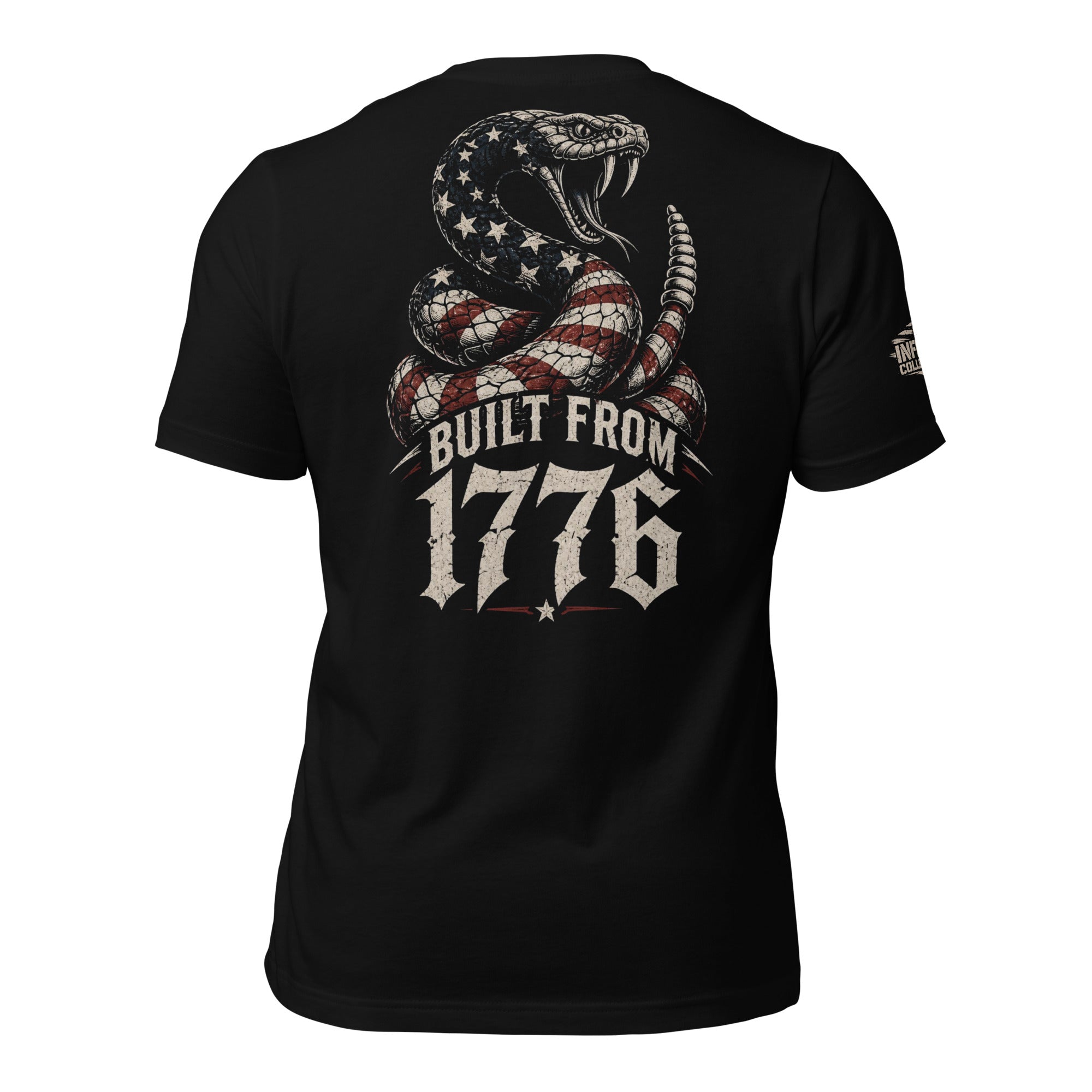 Black tee with back print featuring a patriotic rattlesnake with American flag pattern and the text Built From 1776