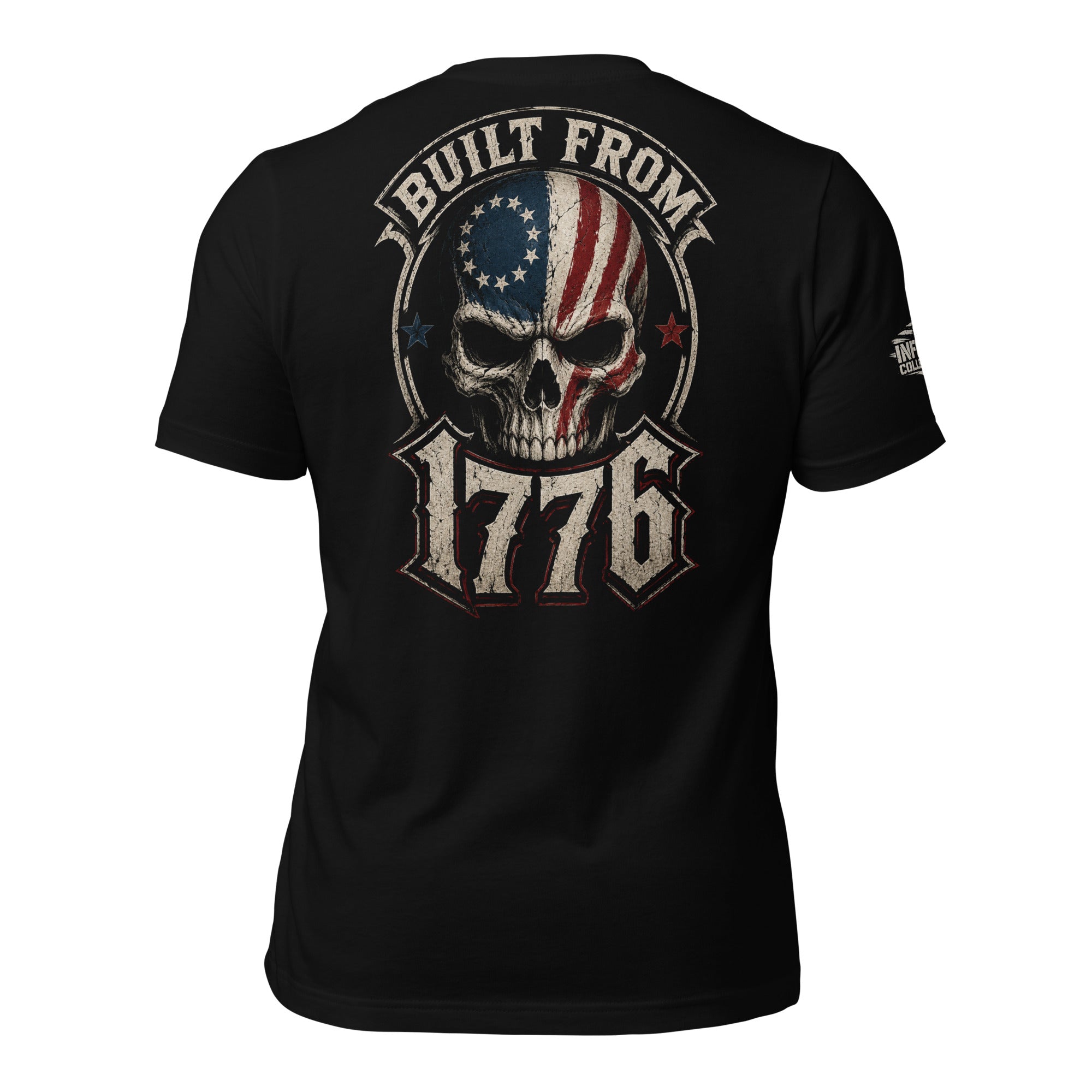 Built From 1776 skull American flag back print black tee from Infidel Collective