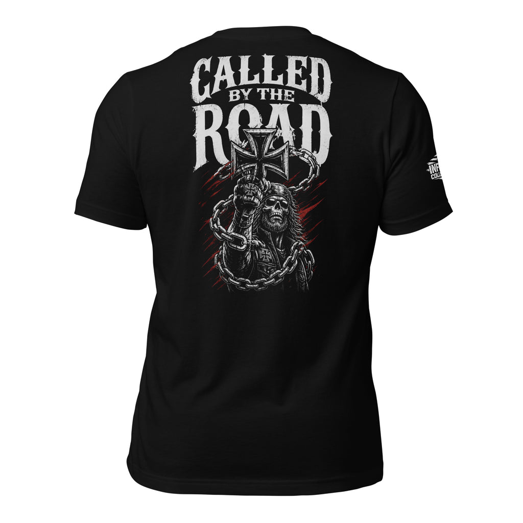 Called by the Road biker skull cross back print black tee from Infidel Collective
