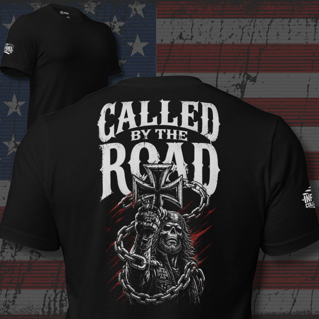 Called by the Road biker skull cross back print black tee from Infidel Collective