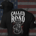 Called by the Road woman rider with chains and biker cross design back print black tee from Infidel Collective