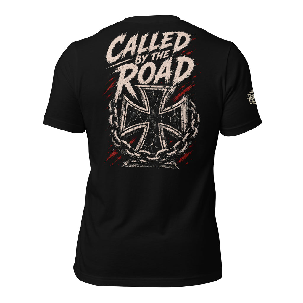 Called by the Road iron cross back print black tee from Infidel Collective