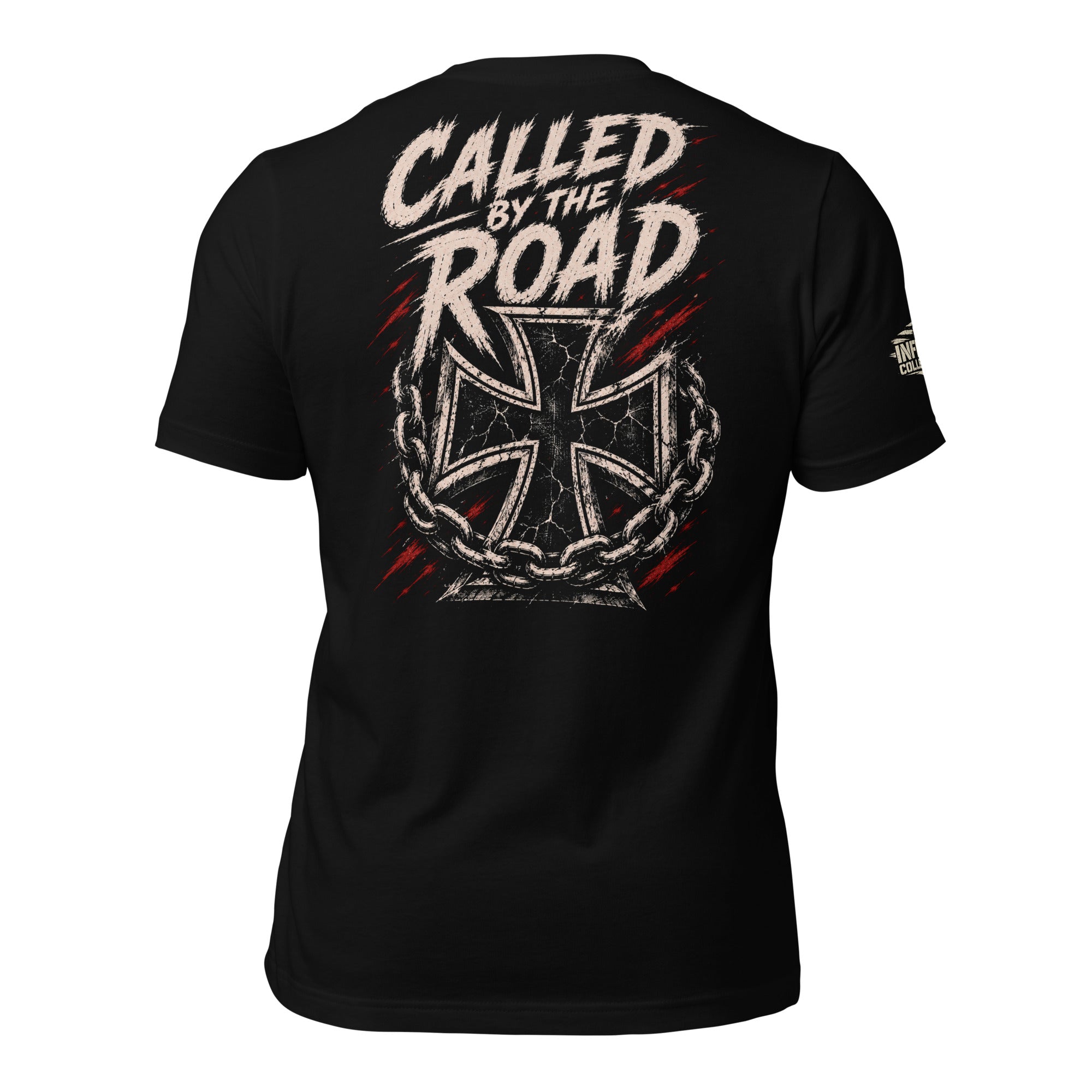 Called by the Road iron cross back print black tee from Infidel Collective