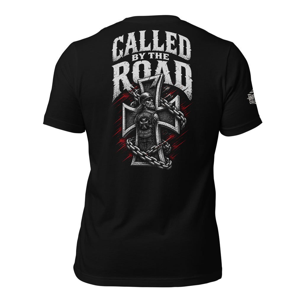 Called by the Road iron cross motorcycle back print black tee from Infidel Collective