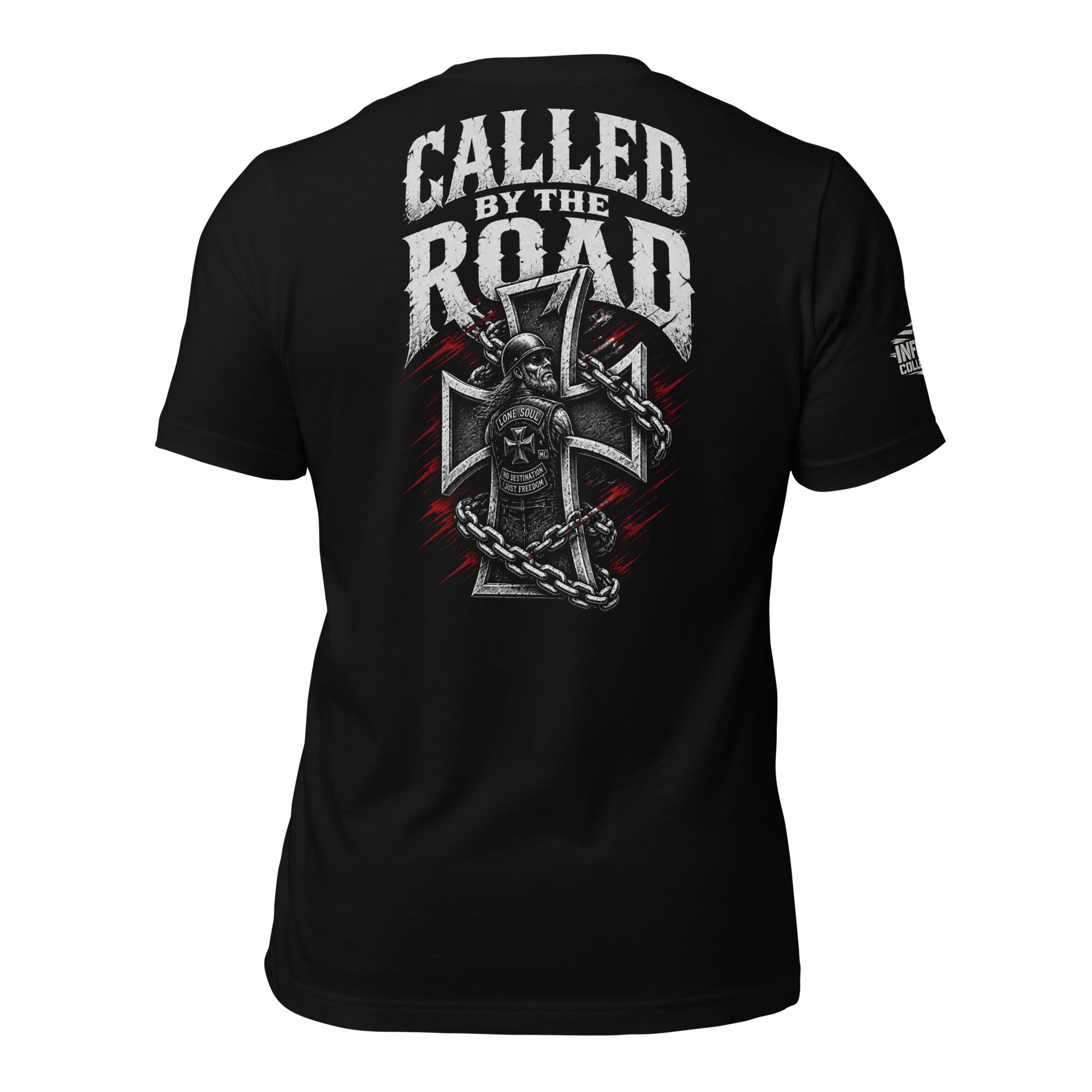 Called by the Road iron cross motorcycle back print black tee from Infidel Collective