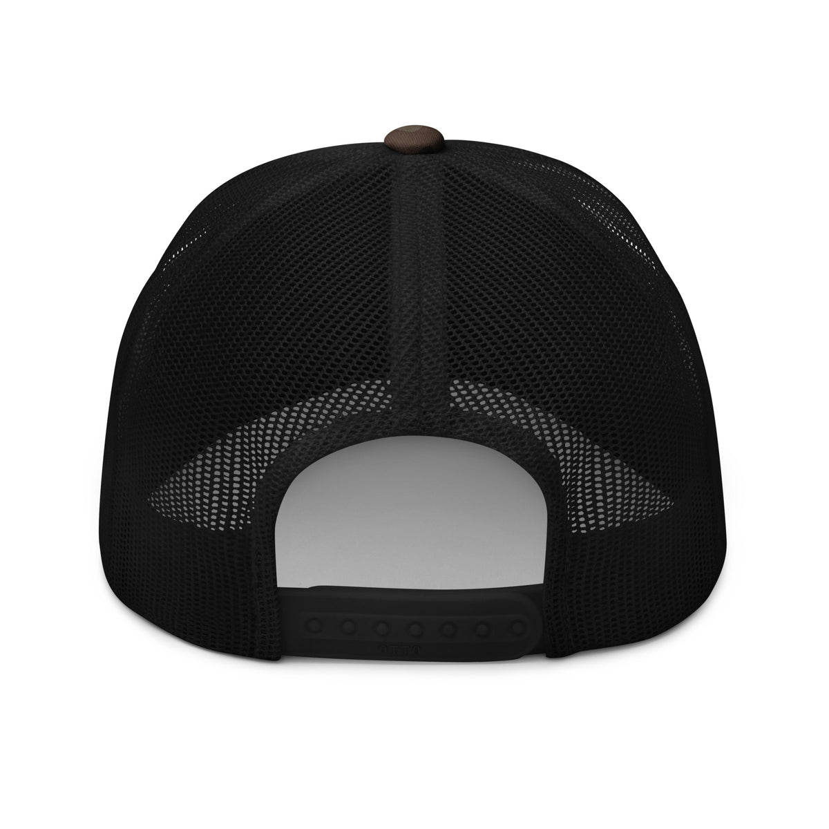 Camo Black camo trucker hat with embroidered INFIDEL War Pig design, back view