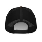 Camo Black camo trucker hat with embroidered Infidel Spike design, back view