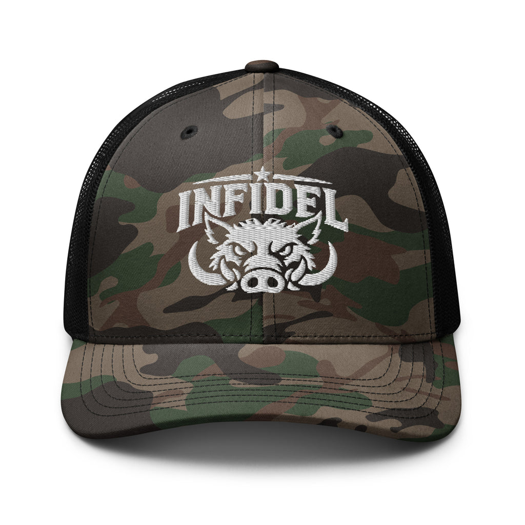 Camo Black camo trucker hat with embroidered INFIDEL War Pig design, front view