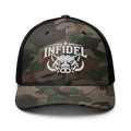 Camo Black camo trucker hat with embroidered INFIDEL War Pig design, front view