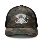 Camo Black camo trucker hat with embroidered INFIDEL War Pig design, front view