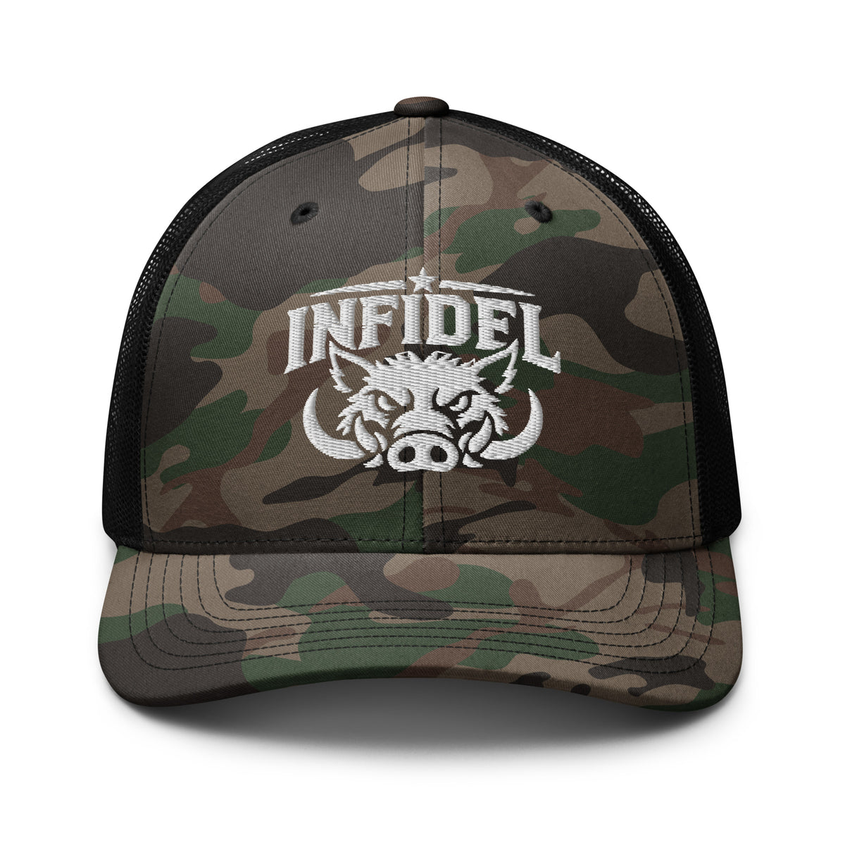 Camo Black camo trucker hat with embroidered INFIDEL War Pig design, front view
