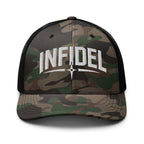 Camo Black camo trucker hat with embroidered Infidel Spike design, front view