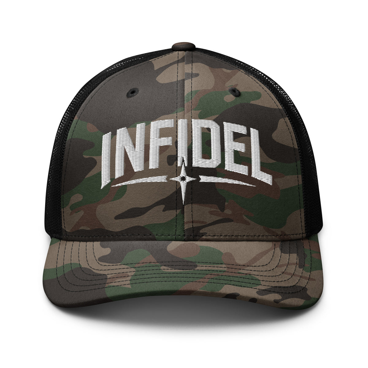 Camo Black camo trucker hat with embroidered Infidel Spike design, front view