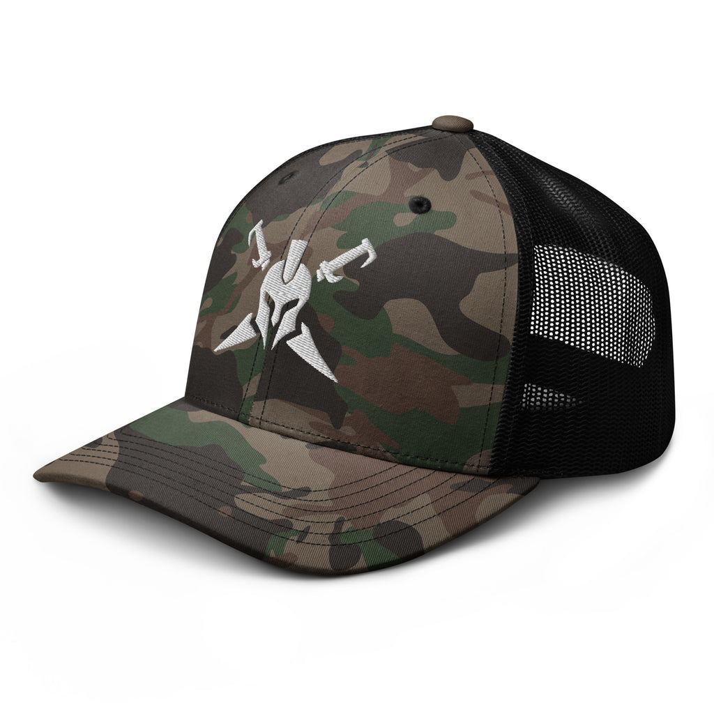 Camo Black, snapback hat, with embroidered Call to Arms, left front view
