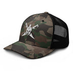 Camo Black, snapback hat, with embroidered Call to Arms, left front view