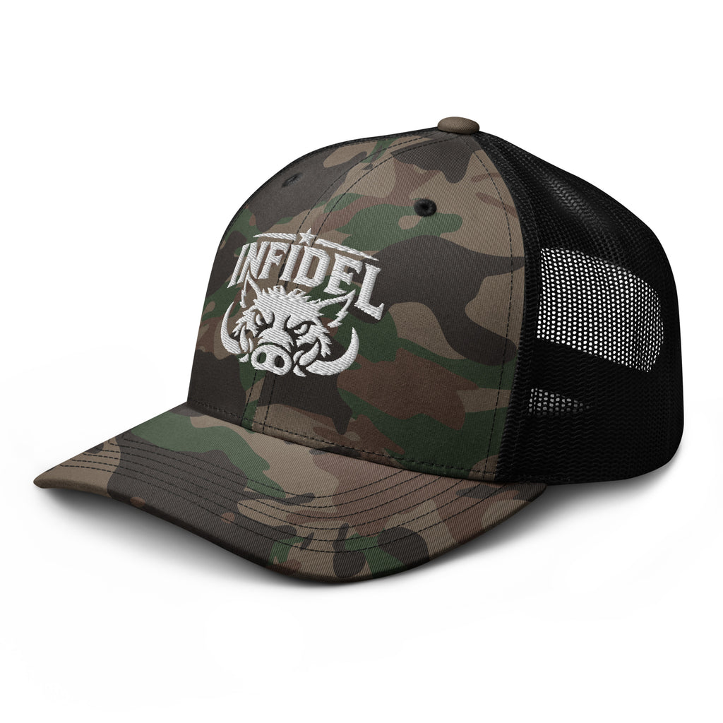 Camo Black camo trucker hat with embroidered INFIDEL War Pig design, left front view