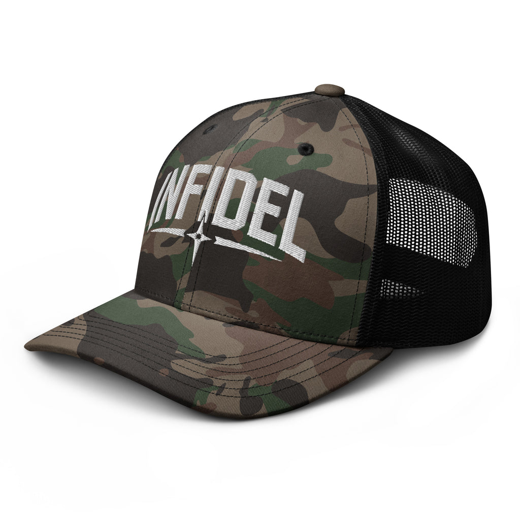 Camo Black camo trucker hat with embroidered Infidel Spike design, left front view