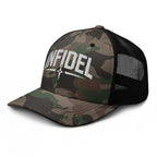 Camo Black camo trucker hat with embroidered Infidel Spike design, left front view