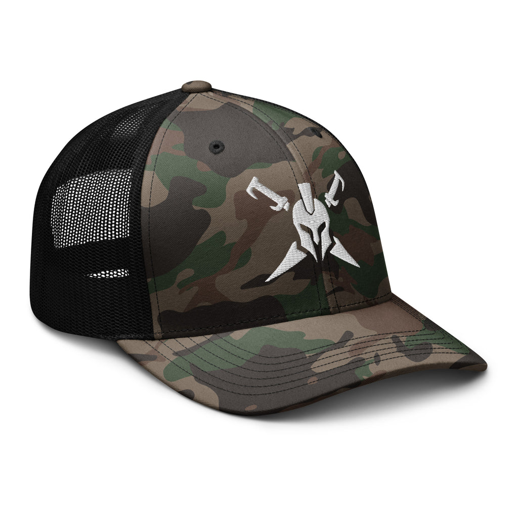 Camo Black, snapback hat, with embroidered Call to Arms, right front view