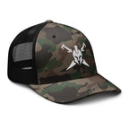 Camo Black, snapback hat, with embroidered Call to Arms, right front view