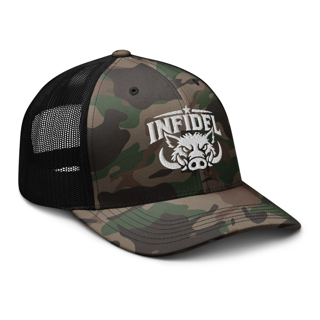 Camo Black camo trucker hat with embroidered INFIDEL War Pig design, right front view