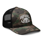 Camo Black camo trucker hat with embroidered INFIDEL War Pig design, right front view