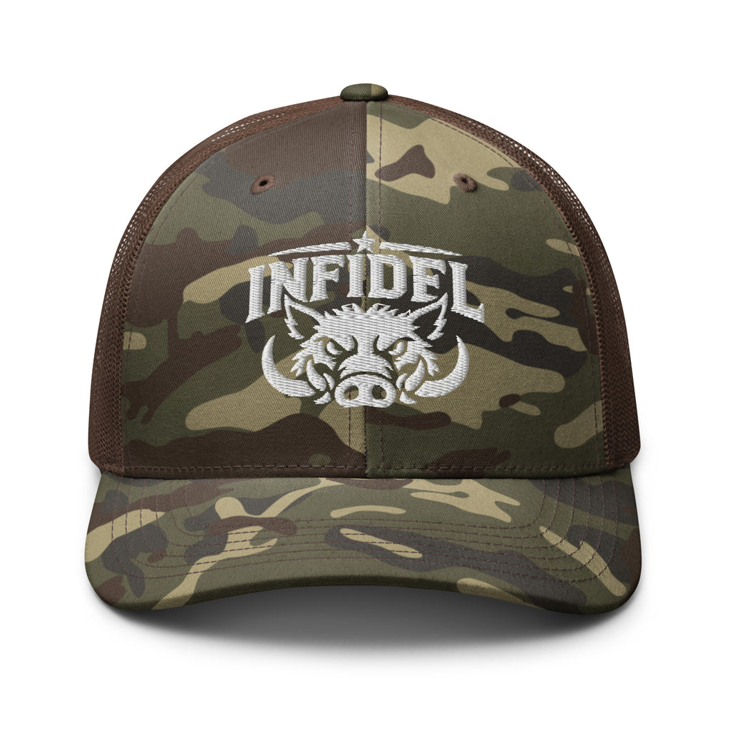 Camo Brown camo trucker hat with embroidered INFIDEL War Pig design, front view