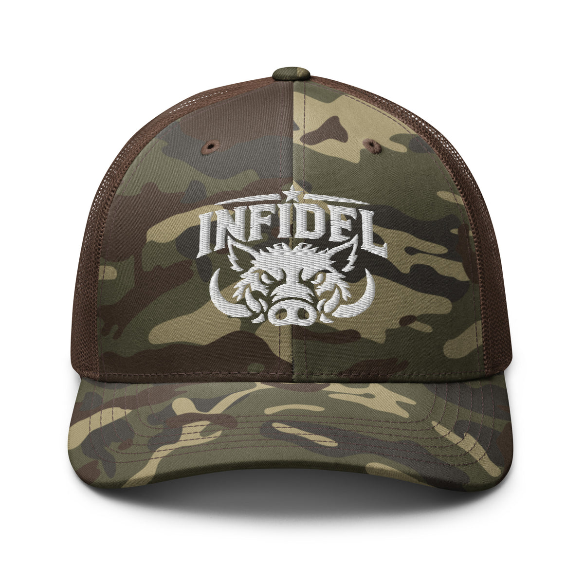 Camo Brown camo trucker hat with embroidered INFIDEL War Pig design, front view