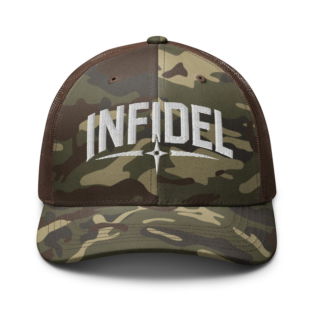 Camo Brown camo trucker hat with embroidered Infidel Spike design, front view