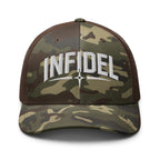 Camo Brown camo trucker hat with embroidered Infidel Spike design, front view
