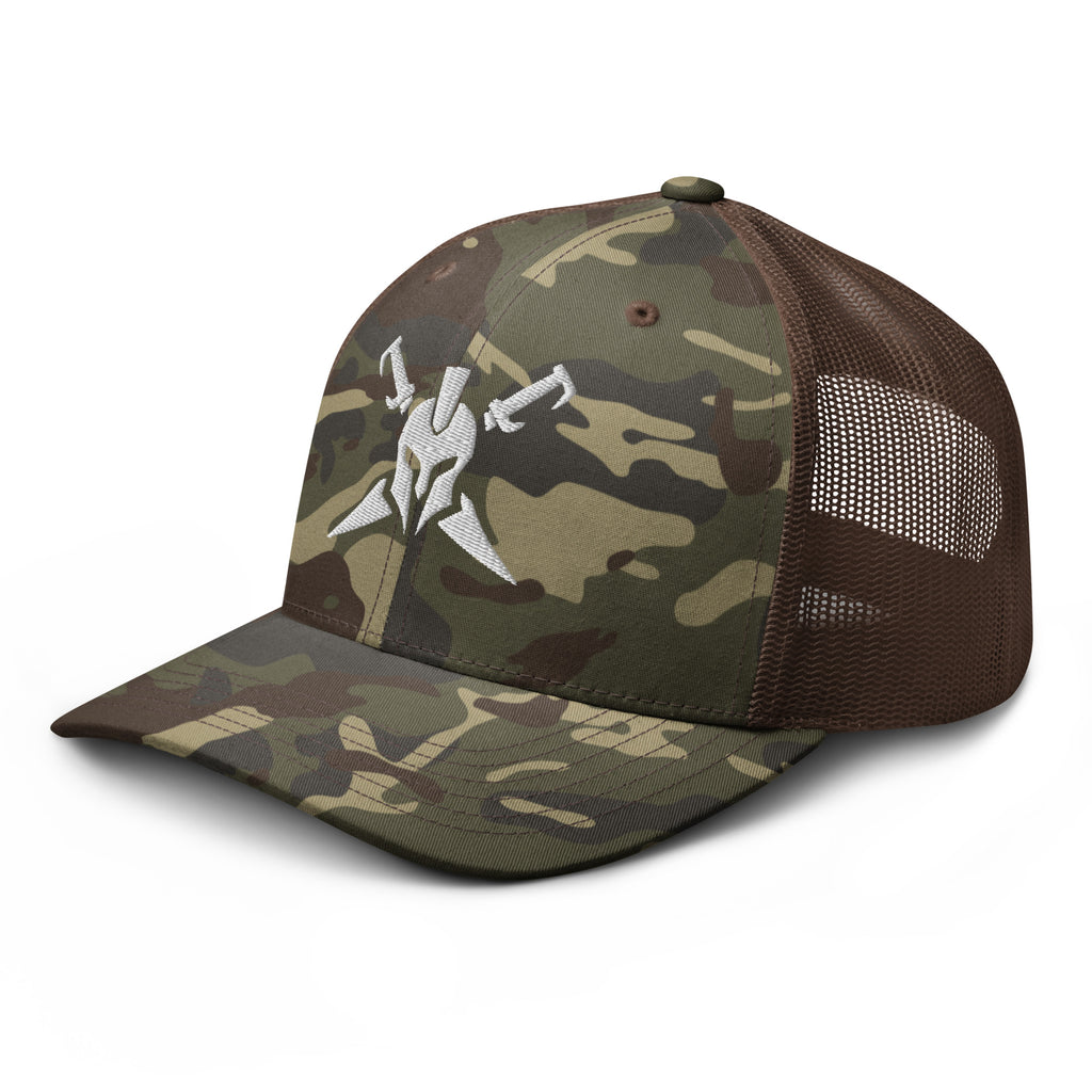 Camo Brown, snapback hat, with embroidered Call to Arms, left front view