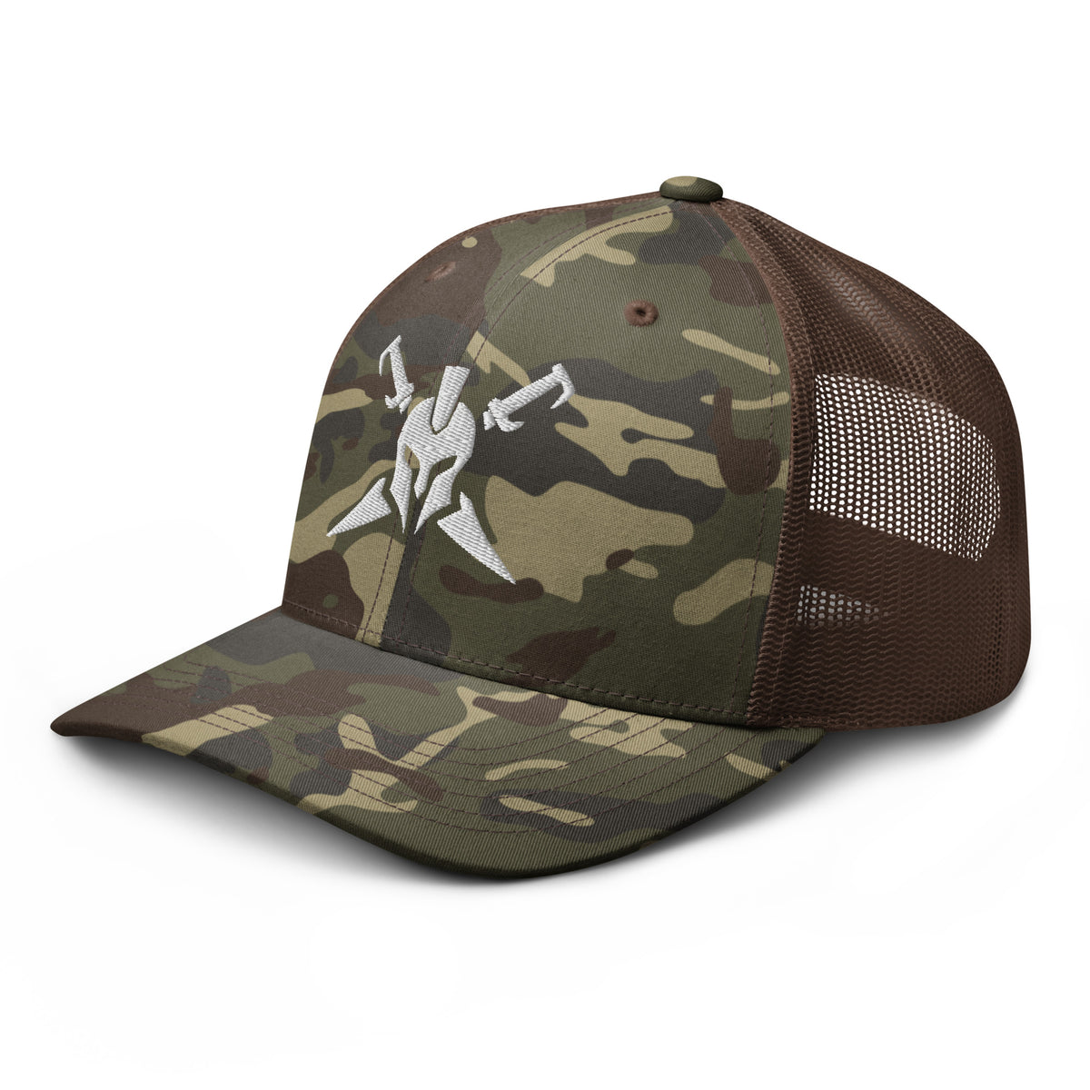 Camo Brown, snapback hat, with embroidered Call to Arms, left front view