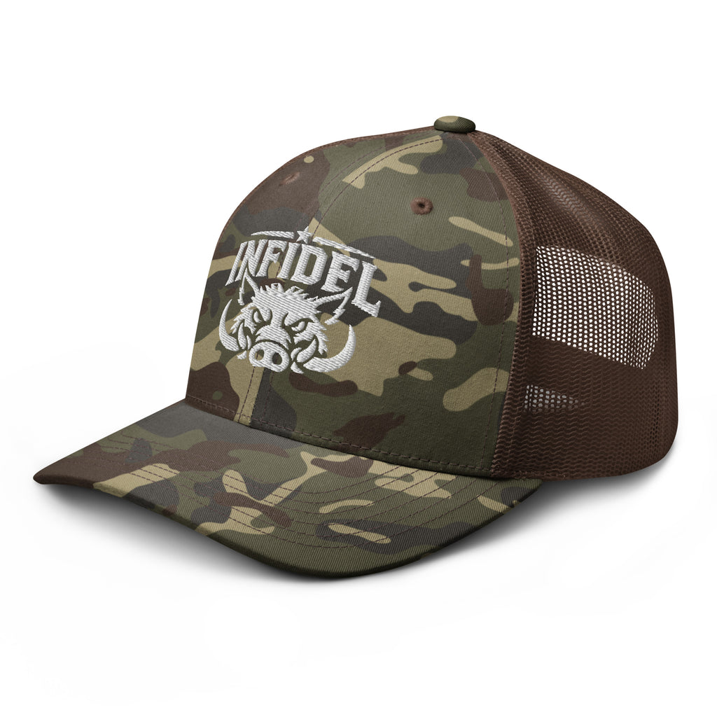 Camo Brown camo trucker hat with embroidered INFIDEL War Pig design, left front view