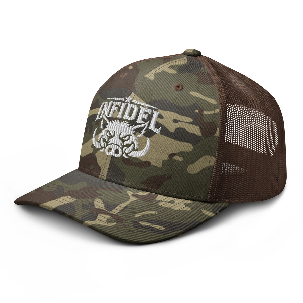 Camo Brown camo trucker hat with embroidered INFIDEL War Pig design, left front view