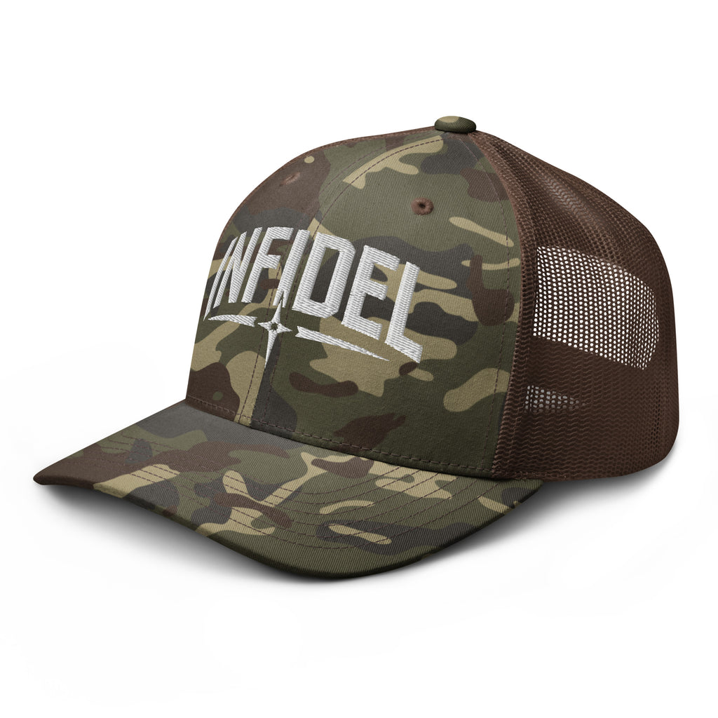 Camo Brown camo trucker hat with embroidered Infidel Spike design, left front view