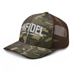 Camo Brown camo trucker hat with embroidered Infidel Spike design, left front view